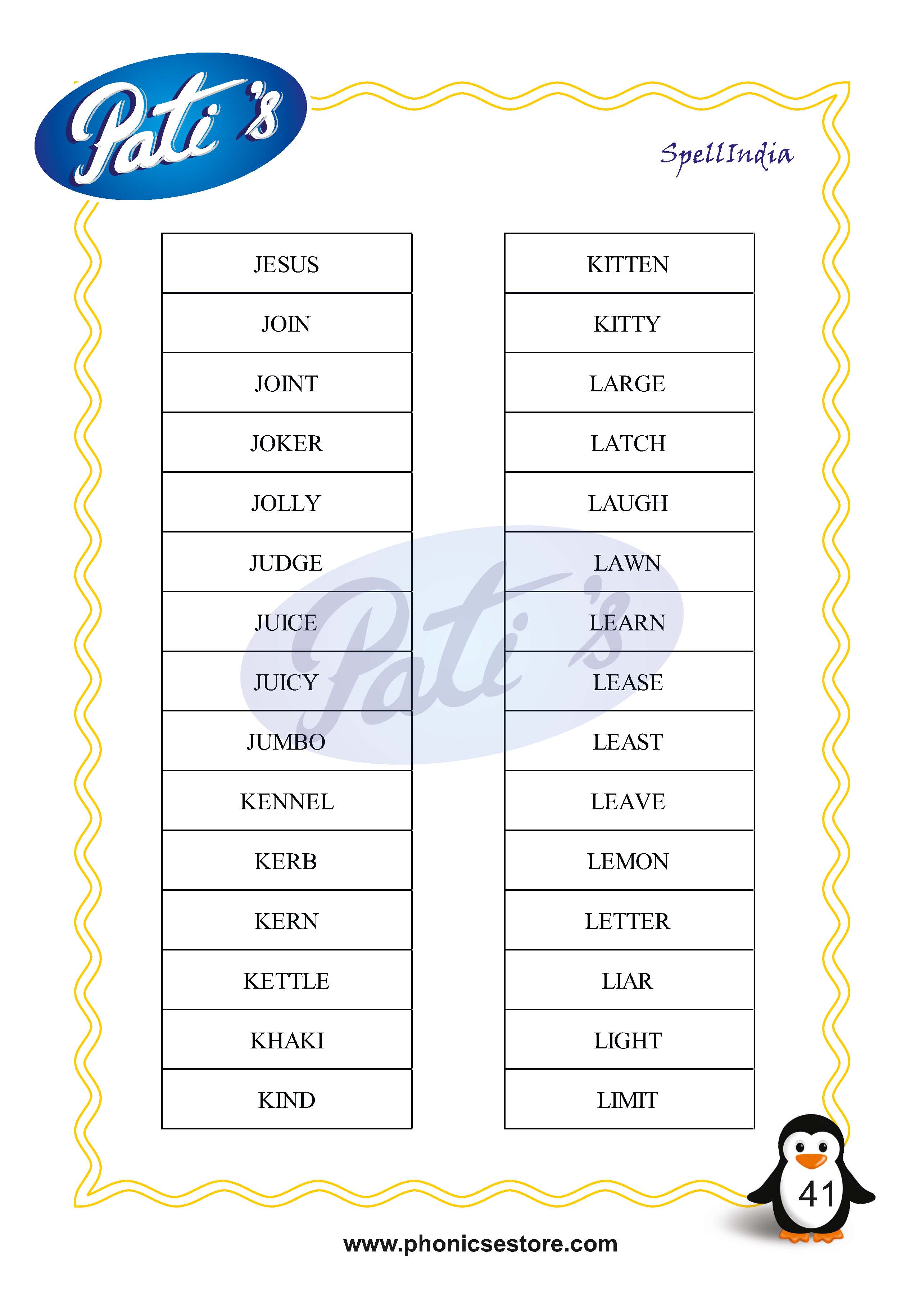 Pati Spelling Bee word list Class 2 Grade 2